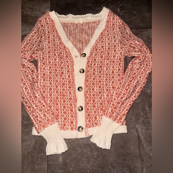 Sweaters - Women's Orange and Cream Button-Up Sweater